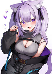  :3 animal_ear_fluff animal_ears bare_shoulders black_coat black_ribbon blush breasts cat_ears cat_girl cat_tail cleavage cleavage_cutout clothing_cutout coat female grey_shirt hair_ribbon heart highres hololive large_breasts long_hair looking_at_viewer mochitsuki_karen nekomata_okayu nekomata_okayu_(8th_costume) oerba_yun_fang off_shoulder official_alternate_costume pleated_skirt purple_eyes purple_hair purple_tail ribbon shirt simple_background skirt sleeveless sleeveless_shirt solo tail twintails virtual_youtuber white_background 