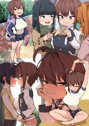  1boy 3girls :d ahoge arms_up backpack bag ball bandaid bandaid_on_knee bandaid_on_leg bare_legs barefoot black_hair black_jacket blue_eyes blue_jacket blue_shorts blunt_bangs blush bottle breast_press breasts brown_hair brown_jacket bush can closed_eyes closed_jacket closed_mouth collared_shirt commentary_request dolphin_shorts drawstring dress_shirt drink_can eating ebisujima_misato embarrassed eyelashes fingernails food from_behind from_side full_body green_scarf gym_shirt gym_shorts gym_uniform hair_between_eyes hand_on_own_cheek hand_on_own_face hands_up happy highres holding holding_ball holding_bottle holding_can holding_food holding_hands indian_style indoors jacket jersey large_breasts long_hair looking_at_another looking_at_viewer looking_down multiple_girls multiple_views navel nose_blush on_ground open_clothes open_jacket open_mouth oppai_loli original outdoors outstretched_arms pants pink_bag pink_jacket pink_shorts randoseru scarf school_uniform shirt shoes short_hair shorts sitting smile sneakers standing stretching sweet_potato takahashi_chiaki_(ebisujima_misato) teeth toes upper_teeth_only vest white_footwear white_shirt wooden_floor yellow_eyes yuma_(ebisujima_misato) 