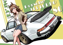  animal_ears belt blue_eyes blue_shorts bow brown_belt brown_hair brown_jacket car character_name collarbone female green_bow hand_on_own_hip highres horse_ears horse_girl horse_tail jacket jewelry kaito_schumacher long_hair motor_vehicle mr._c.b._(umamusume) necklace porsche porsche_911 porsche_930 shorts sitting smile solo spoiler_(automobile) sports_car tail umamusume vehicle_focus vehicle_name very_long_hair 