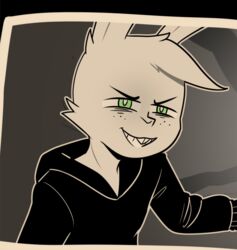  agidyne andrew_graves anthro buckteeth clothing eye_bags freckles green_eyes head_tuft jacket lagomorph leporid male mammal monochrome rabbit simple_background solo stephen_(agidyne) style_emulation teeth the_coffin_of_andy_and_leyley topwear tuft 