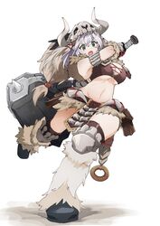  bone bone_armor_(monster_hunter) breasts female fur_leg_warmers green_eyes grey_hair hammer highres holding holding_hammer hololive large_breasts monster_hunter_(series) navel pelvic_curtain shirogane_noel skull_on_head virtual_youtuber white_background yayilu 