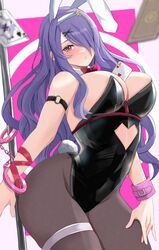  absurdres ace_(playing_card) ace_of_hearts alternate_costume animal_ears blush breasts camilla_(fire_emblem) card cleavage female fire_emblem fire_emblem_fates heart highres large_breasts leotard looking_at_viewer necktie pantyhose peli_cantaro playboy_bunny playing_card purple_eyes purple_hair queen_(playing_card) queen_of_spades rabbit_ears rabbit_hole_(vocaloid) rabbit_tail solo tail 