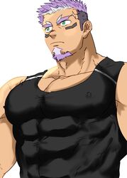  1boy bara black_tank_top covered_nipples dark-skinned_male dark_skin facial_hair fugur6_fugur9 goatee highres large_pectorals live_a_hero looking_ahead male_focus medium_sideburns muscular muscular_male pectoral_cleavage pectorals purple_hair sanpaku scar scar_on_face scar_on_forehead shaft_(live_a_hero) short_hair solo tank_top thick_eyebrows thick_thighs thighs two-tone_beard upper_body 