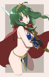  ahoge arm_guards armor bikini_armor breasts brown_background cape commentary_request cowboy_shot cropped_legs female green_hair hair_ornament hair_tubes head_tilt hero_(sekaiju) hero_2_(sekaiju) highres holding holding_sword holding_weapon long_hair low_twintails medium_hair mya-zawa navel open_mouth over_shoulder pelvic_curtain pink_eyes red_cape revision sekaiju_no_meikyuu sekaiju_no_meikyuu_x simple_background small_breasts solo standing sword sword_over_shoulder tiara twintails two-tone_background weapon weapon_over_shoulder white_background 