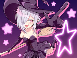  black_dress black_footwear black_gloves blush boots breasts broom cleavage dress elbow_gloves female gloves hair_over_one_eye hat jashin-chan_dropkick looking_at_viewer mumyou_ishi oerba_yun_fang open_mouth persephone_ii pointing pointy_ears red_eyes short_hair simple_background small_breasts smile solo white_hair witch witch_hat 