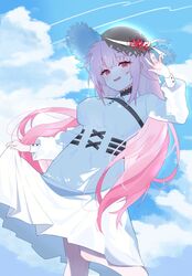  alternate_costume blue_sky blush breasts clothes_lift cloud commentary contrail cowboy_shot dress dress_lift female gleam hat highres hololive hololive_english large_breasts long_hair looking_at_viewer mori_calliope open_mouth pink_eyes pink_hair sky sun_hat very_long_hair virtual_youtuber white_dress white_nails yufu 