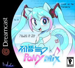  android binary_code blue_body blue_eyes blue_hair ccruelangel cutie_mark dialogue dreamcast_logo encouragement equid equine esrb female feral hair hasbro hatsune_miku head_tuft hi_res horse inner_ear_fluff looking_at_viewer machine mammal musical_note musical_symbol my_little_pony necktie pink_hair ponification pony robot signature solo symbol tail tuft twintails video_game_reference vocaloid 