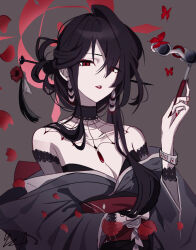  black_hair blue_archive eyeliner female goth_fashion grey_kimono hair_ornament hair_stick halo highres japanese_clothes kimono kokuriko_(blue_archive) makeup opera_glasses red_eyeliner red_eyes red_halo red_lips ryu_to_kagune sash solo spider_web_pattern upper_body 