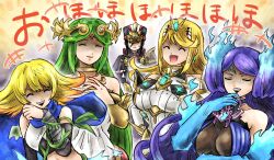  5girls black_hair blue_fire blue_gloves blue_scarf breasts brighid_(xenoblade) chest_jewel closed_eyes diadem false_smile fiery_hair fire gloves green_hair hat kicdon kid_icarus kid_icarus_uprising midriff military_hat morag_ladair_(xenoblade) multiple_girls mythra_(xenoblade) palutena phosphora scarf shaded_face smile super_smash_bros. xenoblade_chronicles_(series) xenoblade_chronicles_2 