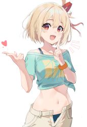  absurdres bikini bikini_under_clothes blonde_hair blue_shirt bob_cut breasts brown_shorts collarbone commentary_request cowboy_shot female hair_between_eyes hair_ribbon hands_up heart highres index_finger_raised lycoris_recoil medium_breasts midriff navel nishikigi_chisato off_shoulder one_side_up open_fly open_mouth p1n red_eyes red_ribbon ribbon shirt short_hair shorts simple_background solo swimsuit tied_shirt white_background 