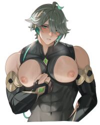  1boy alhaitham_(genshin_impact) alpaitham aqua_eyes aqua_hair black_shirt black_sleeves breasts fingerless_gloves genshin_impact gloves grey_hair hair_between_eyes highres jewelry large_breasts male_focus multicolored_hair nipples shirt short_hair solo 