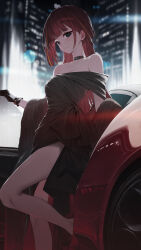  akane_lize bare_shoulders belt_collar black_dress black_gloves blonde_hair blurry blurry_background car closed_mouth collar dress female gloves grey_eyes highres huhi_(huhi_1211) long_hair looking_at_viewer motor_vehicle multicolored_hair outdoors red_hair standing stellive streaked_hair virtual_youtuber 