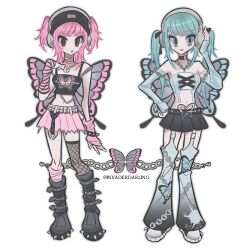  2girls blue_hair boots bug butterfly butterfly_wings chains commentary crop_top english_commentary full_body headphones highres insect_wings invaderdarling long_hair midriff multiple_girls navel original pink_hair shoes simple_background standing twintails white_background wings y2k_fashion 