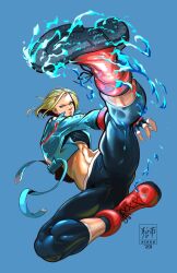  a.b.singh artist_name black_pants black_sports_bra blonde_hair blue_background blue_jacket boots cammy_white cropped_jacket female fingerless_gloves gloves highres jacket kicking long_sleeves open_clothes open_jacket pants red_footwear short_hair signature simple_background solo sports_bra street_fighter street_fighter_6 