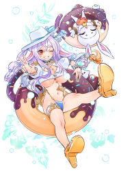  2girls absurdres adapted_costume animal_ears animal_hood bell bikini bikini_bottom_only blue_bikini blue_nails blush breasts cardinal_(ragnarok_online) cat_girl cleavage_cutout closed_eyes clothing_cutout commentary_request crop_top doughnut_innertube fingernails floppy_ears full_body furry furry_female grin hat high_heels highres hood hood_up jingle_bell large_breasts long_hair looking_at_viewer multiple_girls neck_bell noxxia39 one_eye_closed open_mouth purple_hair rabbit_ears rabbit_girl rabbit_hood ragnarok_online red_eyes shirt smile summoner_(ragnarok_online) swimsuit underboob v white_background white_hat white_shirt yellow_footwear 