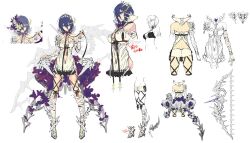  artemis_(phantom_of_the_kill) bandages black_ribbon bow_(weapon) commentary_request dress female flower full_body grey_footwear hair_between_eyes integral_killer_(phantom_of_the_kill) looking_at_viewer midriff neck_ribbon official_alternate_costume official_art open_mouth phantom_of_the_kill purple_flower purple_socks reference_sheet ribbon second-party_source simple_background socks standing straight-on thighs two-tone_footwear weapon white_background white_dress yellow_footwear 