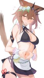  8ka43 absurdres animal_ears apron arknights bikini black_bikini breasts brown_eyes brown_hair cat_ears cat_girl cat_tail cowboy_shot flower hair_between_eyes hair_flower hair_ornament heart heart_hands highres large_breasts looking_at_viewer maid maid_bikini navel pouch rose scissors short_hair simple_background solo stomach swimsuit tail thigh_pouch tiara unconventional_maid vendela_(arknights) waist_apron white_apron white_background white_flower 