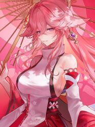  animal_ears bare_shoulders blush breasts commentary detached_sleeves female fox_ears fox_girl genshin_impact gz_(gyoju) hair_between_eyes highres japanese_clothes large_breasts long_hair long_sleeves looking_at_viewer miko oil-paper_umbrella parted_lips pink_hair purple_eyes sideboob smile solo symbol-only_commentary umbrella wide_sleeves yae_miko 