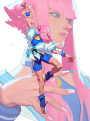  arms_up bike_shorts blue_eyes blue_shirt blue_shorts blue_socks dougi female fl_(l-fl) highres hip_vent long_sidelocks manon_legrand martial_arts_belt multiple_views pink_hair shirt short_hair_with_long_locks shorts sleeveless sleeveless_shirt socks standing standing_on_one_leg stirrup_footwear street_fighter street_fighter_6 tiptoes 