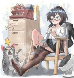  aqua_eyes bag black_hair black_jacket black_skirt bosstseng bra breasts brown_pantyhose chair chinese_commentary cleavage commentary_request electric_fan feet feline female frown glasses grey_bra handbag highres jacket knee_up legs miniskirt no_shoes oerba_yun_fang office_lady open_mouth original pantyhose pencil_skirt pet_food pringles_can red-framed_eyewear semi-rimless_eyewear signature sitting skirt small_breasts soda_bottle solo steaming_body toes under-rim_eyewear underwear undressing unworn_jacket 