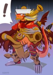  aledonrex anthro armor bathtub belt blonde_hair bushiroad cape clothing digital_media_(artwork) dragon drum_bunker_dragon exclamation_point future_card_buddyfight hair headgear helmet hi_res horn male multicolored_body multicolored_skin mythological_creature mythological_scalie mythology orange_body orange_skin parody red_body red_skin scalie solo tail two_tone_body two_tone_skin wardrobe_malfunction 