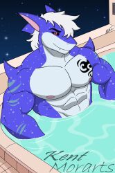  black_sclera blue_body cel_shading fish hair hi_res hot_tub male marine muscular muscular_male night pecs shaded shark solo tattoo water watermark white_hair wolfe_fubuki 