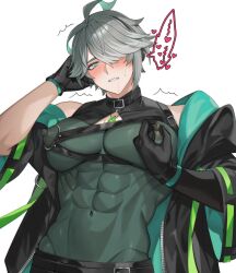  1boy abs alhaitham_(genshin_impact) alpaitham aqua_eyes aqua_hair belt black_jacket black_pants blush genshin_impact green_shirt grey_hair hair_between_eyes hair_over_one_eye highres jacket male_focus multicolored_hair muscular muscular_male navel nipples pants saliva saliva_trail shirt short_hair solo teeth white_background 