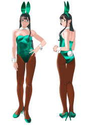  absurdres alternate_costume animal_ears black_hair brown_pantyhose detached_collar fake_animal_ears female from_behind glasses green_eyes green_footwear green_leotard highres kantai_collection leotard long_hair looking_at_viewer multiple_views ojipon ooyodo_(kancolle) pantyhose playboy_bunny rabbit_ears rabbit_tail simple_background strapless strapless_leotard tail white_background wrist_cuffs 