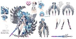  almace_(phantom_of_the_kill) black_gloves black_socks blue_flower blue_hair blue_petals commentary_request crossed_bangs da-kuro female flower full_body gloves grey_footwear hair_between_eyes hair_ornament holding holding_polearm holding_sword holding_weapon integral_killer_(phantom_of_the_kill) looking_at_viewer official_alternate_costume official_art petals phantom_of_the_kill pink_eyes polearm profile reference_sheet second-party_source short_hair simple_background socks spine standing straight-on sword weapon white_background 