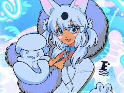  animal_collar blue_eyes breasts collar commentary_request commission dog_girl drawstring female fur-trimmed_hood fur_trim holding hood hood_up inuha_dog_wave large_breasts long_hair long_sleeves looking_at_viewer mittens open_mouth original skeb_commission solo two_side_up white_hair 