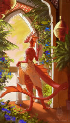  absurd_res accessory anthro balcony bracelet claws clothed clothing dragon dress ear_fins ear_frill female fin flower frill_(anatomy) furgonomics furry_specific_accessory hi_res horn inside jewelry mythological_creature mythological_scalie mythology plant runasolaris scales scalie signature solo sunset tail tail_accessory tail_fin tailband watermark 