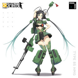  absurdres antenna_hair aqua_eyes arm_behind_head bag black_hair breasts camouflage_dress camouflage_thighhighs chinese_text cleavage copyright_name dress english_commentary english_text female full_body girls&#039;_frontline green_dress green_thighhighs gun hand_on_own_hip heavy_machine_gun highres holding holding_polearm holding_weapon logo long_hair machine_gun open_mouth original pengzshu polearm simple_background skindentation solo thighhighs twintails weapon white_background 