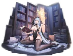  absurdly_long_hair areola_slip arkhangelsk_(azur_lane) arkhangelsk_(supporting_sorceress)_(azur_lane) artist_request azur_lane bare_shoulders between_breasts black_dress black_garter_straps black_thighhighs blue_hair blush book book_stack bookshelf breasts brown_thighhighs cleavage clothing_cutout covered_navel dress feet female full_body garter_straps hair_between_eyes highres holding holding_book hood hood_up indoors jewelry large_breasts legs library long_hair looking_at_viewer magic magic_circle no_bra no_panties no_shoes non-web_source official_alternate_costume official_art on_floor open_book pelvic_curtain pillow revealing_clothes sitting skindentation smile solo thick_thighs thighhighs thighs torn_clothes torn_thighhighs transparent_background very_long_hair wooden_floor yellow_eyes yokozuwari 