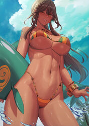  absurdres andromeda_(fate) andromeda_(second_ascension)_(fate) bare_shoulders bikini blue_sky blush bracelet braid breasts brown_hair cleavage criss-cross_halter crown_braid dark-skinned_female dark_skin fate/grand_order fate_(series) female green_eyes grin halterneck highleg highleg_bikini highres inflatable_toy jewelry kakeku large_breasts long_hair looking_at_viewer low_ponytail multicolored_bikini multicolored_clothes navel one_eye_closed rainbow_bikini sidelocks sky smile solo swimsuit thighs water 