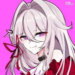  :q artist_name bare_shoulders black_collar blush breasts closed_mouth collar commentary_request dated female grey_hair hair_between_eyes hair_intakes hair_ribbon half-closed_eyes highres honkai_(series) honkai_impact_3rd korean_commentary licking_lips long_hair looking_at_viewer medium_breasts munji412 pink_background purple_eyes red_ribbon ribbon simple_background smile solo thelema_(honkai_impact) tongue tongue_out upper_body 