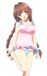  :d alternate_costume arms_at_sides bare_arms barefoot blue_panties blush bra-ban! braid breasts brown_hair commentary curvy dress female foot_out_of_frame frilled_dress frills hair_between_eyes hair_intakes head_tilt highres komatsu_(sakanae) long_hair looking_at_viewer low_twin_braids medium_breasts nakanoshima_tae open_mouth panties pantyshot pink_dress red_eyes shiny_skin short_dress simple_background sleeveless sleeveless_dress smile solo standing standing_on_one_leg thighs twin_braids underwear very_long_hair white_background 