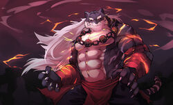  1boy abs absurdres bara claws closed_mouth fangs furry furry_male highres long_hair looking_at_viewer male_focus muscular muscular_male pectorals red_eyes sdorica solo strongman_waist tiger_boy topless_male white_hair yao_(sdorica) yed_(yedsilent) 