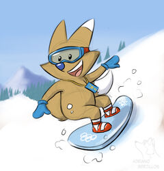  2024 adriano_berjillos anthro badge blue_nose canid canine canis clothing copper_(salt_lake_city_2002) coyote dot_eyes eyewear fur goggles handwear happy hi_res lanyard male mammal mittens mountain olympic_mascot olympics smile smiley_face snow snowboard snowboarding solo white_tipped_ears winter winter_olympic_games yellow_body yellow_fur 