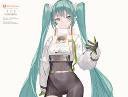  absurdres aqua_eyes aqua_hair artist_name audio_cable black_bodysuit black_gloves bodysuit cable cd cd_case closed_mouth clothing_cutout commentary covered_navel cowboy_shot crop_top crop_top_overhang cropped_jacket english_text fake_ad female gloves goodsmile_racing green_eyes green_gloves hand_up hatsune_miku highres jacket long_hair long_sleeves looking_at_viewer pause_button play_button racing_miku racing_miku_(2022) simple_background sin9 smile smiley_face solo stomach_cutout twintails two-tone_gloves very_long_hair vocaloid white_background white_jacket 