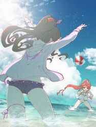  2girls :d arms_up ass ball beachball bikini blue_sky brown_hair cloud day feet_out_of_frame flat_ass from_behind highres hood hooded_jacket jacket jumpsuit kurosu_aroma legs_apart long_hair long_sleeves multiple_girls ocean open_mouth outdoors playing ponytail pretty_series pripara purple_bikini red_hair ruru_ashihara shiratama_mikan sky smile standing swimsuit third-party_source throwing very_long_hair wading water white_bikini white_jumpsuit wing_print yellow_eyes 