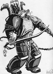  anthro armor battlecry black_and_white bodily_fluids bone chains chaos_space_marine drugs head_scar hi_res holding_object holding_weapon hyena long_tongue lucius_the_eternal machine male mammal melee_weapon monochrome mutation open_mouth pauldron power_armor sabre_(weapon) saliva scar shoulder_pads simple_background skull solo spiked_whip spikes susan_van_camp tongue tube warhammer_(franchise) warhammer_40000 weapon whip white_background yelling 