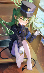  absurdres black_hat black_jacket black_tail blue_archive blush demon_tail doodle_sensei_(blue_archive) female green_hair green_halo hair_between_eyes halo hat highres jacket long_hair long_sleeves nozomi_(blue_archive) oerba_yun_fang open_mouth pantyhose peaked_cap pointy_ears sensei_(blue_archive) sitting skin_fang smile soles solo tablet_pc tail toes twintails white_pantyhose yellow_eyes yuhezi 