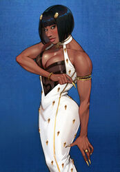  adelheid_(moschiola) bare_arms bare_shoulders black_eyes black_hair blue_background blunt_bangs blush breasts brown_eyeshadow bruno_bucciarati bruno_bucciarati_(cosplay) center_opening cleavage collarbone cosplay cowboy_shot dark-skinned_female dark_skin dress female fingernails gold_bracelet gold_nails gold_ring hair_ornament hairclip highres jojo_no_kimyou_na_bouken large_breasts long_fingernails looking_at_viewer megan_thee_stallion nail_polish pink_lips real_life sharp_fingernails short_hair sleeveless sleeveless_dress smile solo toned white_dress zipper 