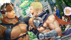  4boys abs bara bare_pectorals beard biceps black_hair blonde_hair boots capelet chest_belt comparison crossed_arms delafere_(gyee) eye_contact facial_hair falling_leaves fingerless_gloves framed_pectorals fudanshi gauntlets gloves goatee gradient_hair grancy_(gyee) gyee headband heart highres horns itto_(mentaiko) jewelry key key_necklace lance large_pectorals leaf looking_at_another loving_aura male_focus manly mature_male medium_sideburns multicolored_hair multiple_boys muscular muscular_male mustache_stubble necklace nipples non-web_source open_mouth outdoors pectorals polearm ruins short_hair smile smirk spear spiked_hair stubble sunlight sven_(gyee) takashi_(gyee) teeth thick_arms tongue tree weapon white_hair yaoi 