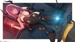  artist_name azur_lane bound_ankles breasts chains crossed_legs dan-98 demon_girl demon_horns demon_tail devonshire_(azur_lane) devonshire_(sadistic_demon)_(azur_lane) dutch_angle elbow_gloves female gem gloves hair_intakes highres horns large_breasts long_hair manjuu_(azur_lane) official_alternate_costume patreon_username pink_hair pixiv_username purple_hair red_gemstone single_elbow_glove sitting sitting_on_throne tail thighhighs torn_clothes torn_thighhighs yellow_eyes 