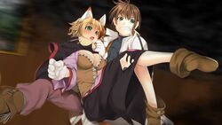  1boy alto_travers animal_ears animal_hands atelier-moo bad_source breasts brown_hair carrying cat_ears cat_girl cat_paws cleavage closed_mouth embarrassed feline_sora female fleeing gloves green_eyes hair_between_eyes highres large_breasts long_sleeves multicolored_hair narrow_waist oerba_yun_fang open_mouth paw_gloves princess_carry shoes short_hair skirt smoke streaked_hair teeth wizards_symphony 