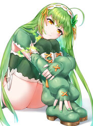  ahoge blush boots closed_mouth dot_nose elbow_gloves female fingerless_gloves fingernails flower_knight_girl gloves green_arm_warmers green_footwear green_gloves green_hair green_leg_warmers green_nails green_theme green_thighhighs hairband highres knee_boots knees_to_chest long_hair looking_at_viewer mint_(flower_knight_girl) monoton_(neoteto) simple_background sitting smile solo thigh_strap thighhighs white_background white_hairband yellow_eyes 