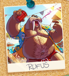  2024 5_fingers aloha_shirt anthro beach beach_umbrella belly belly_hair blue_clothing blue_shirt blue_topwear body_hair brown_body bulge chest_hair claws clothed clothing container cup detailed_background disposable_cup eyewear facial_hair fingers floral_shirt group guffaw happy_trail holding_container holding_cup holding_object male mammal manly marine mature_male moustache navel nipples open_clothing open_shirt open_topwear outside overweight overweight_male parasol pattern_clothing pattern_shirt pattern_topwear pinniped polaroid_photo red_clothing red_cup red_solo_cup red_speedo red_swimwear rufus_(spectral-bat) shirt sky solo_cup solo_focus speedo sunglasses swimwear text thumb_tack topwear tusks walrus 