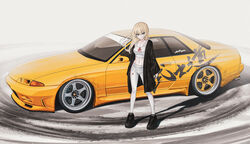  absurdres black_coat black_eyes black_footwear blonde_hair bokuya breasts car cleavage closed_mouth coat commentary_request crop_top female highres leggings long_hair long_sleeves medium_breasts mole mole_under_eye motor_vehicle navel nissan nissan_skyline nissan_skyline_r32 open_clothes open_coat original shoes sneakers solo sports_bra sports_car standing vehicle_focus white_leggings white_sports_bra 