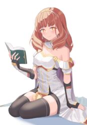  armor bare_shoulders black_gloves black_shorts black_thighhighs book breastplate breasts brown_hair buttons cape celica_(fire_emblem) choker cleavage collarbone commentary detached_collar dress earrings elbow_gloves female fingerless_gloves fire_emblem fire_emblem_echoes:_shadows_of_valentia gloves highres holding holding_book jewelry looking_at_viewer off-shoulder_dress off_shoulder orange_eyes revvie shorts shorts_under_dress shy simple_background sitting solo strapless strapless_dress symbol-shaped_pupils thighhighs tiara white_background white_dress 